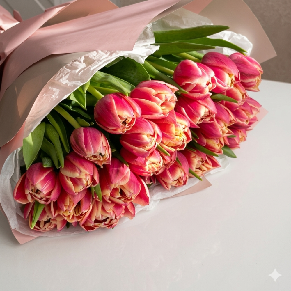 Lush bouquet of hot pink and coral tulips with cream centres, wrapped in tissue — Floritta