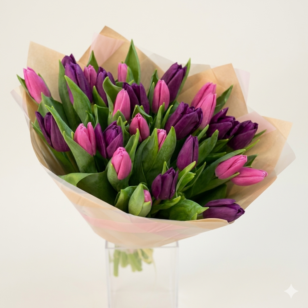 Full bouquet of magenta and purple tulips in kraft wrap — Floritta