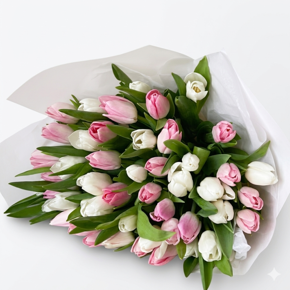 Luxurious pink and white tulips bouquet with green foliage, wrapped — Floritta