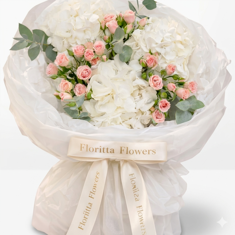 Full ivory hydrangea and blush rose bouquet with eucalyptus — Floritta