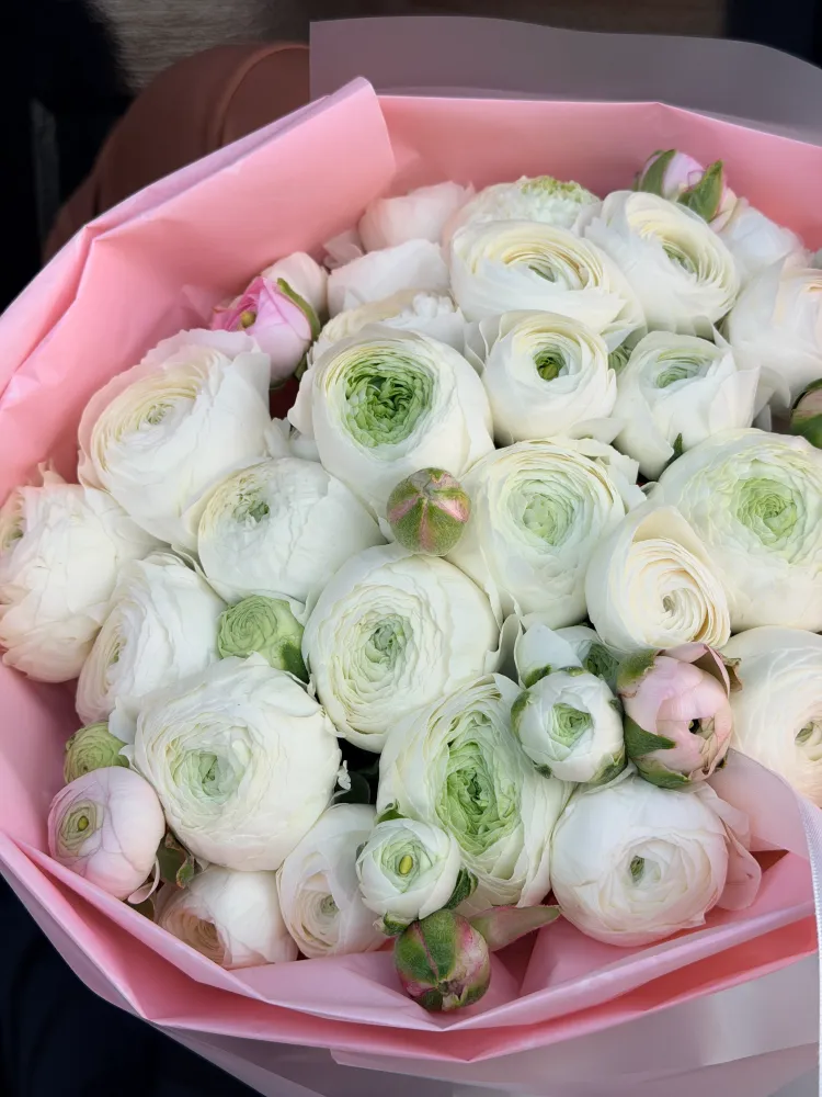 Full white ranunculus and garden rose arrangement in pink paper wrap — Floritta