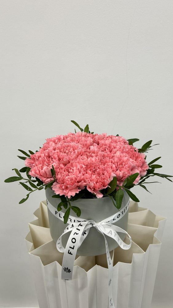 Full dome of pink carnations with eucalyptus in grey pot — Floritta