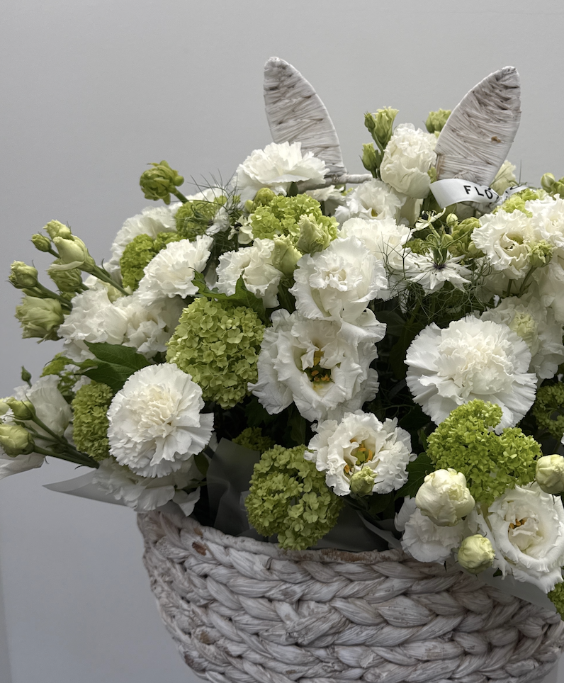 Spring meadow basket (carnation, lisianthus, viburnum)