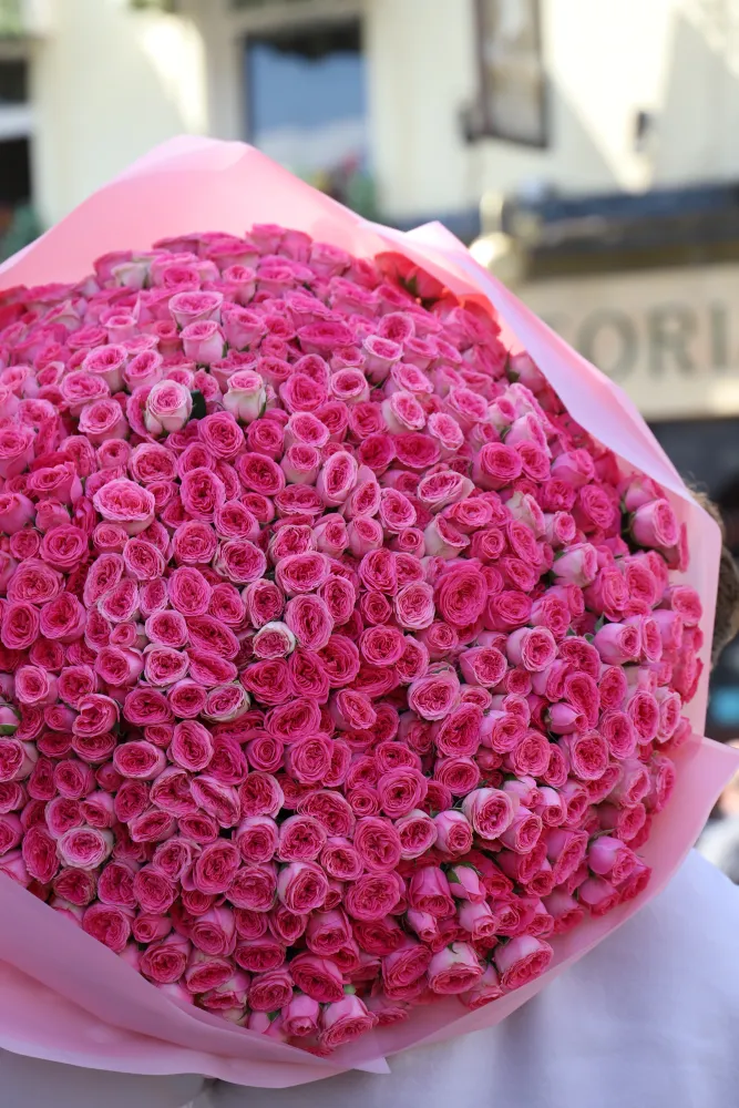 Premium pink rose hand-tied bouquet with dense full blooms and tissue wrapping — Floritta