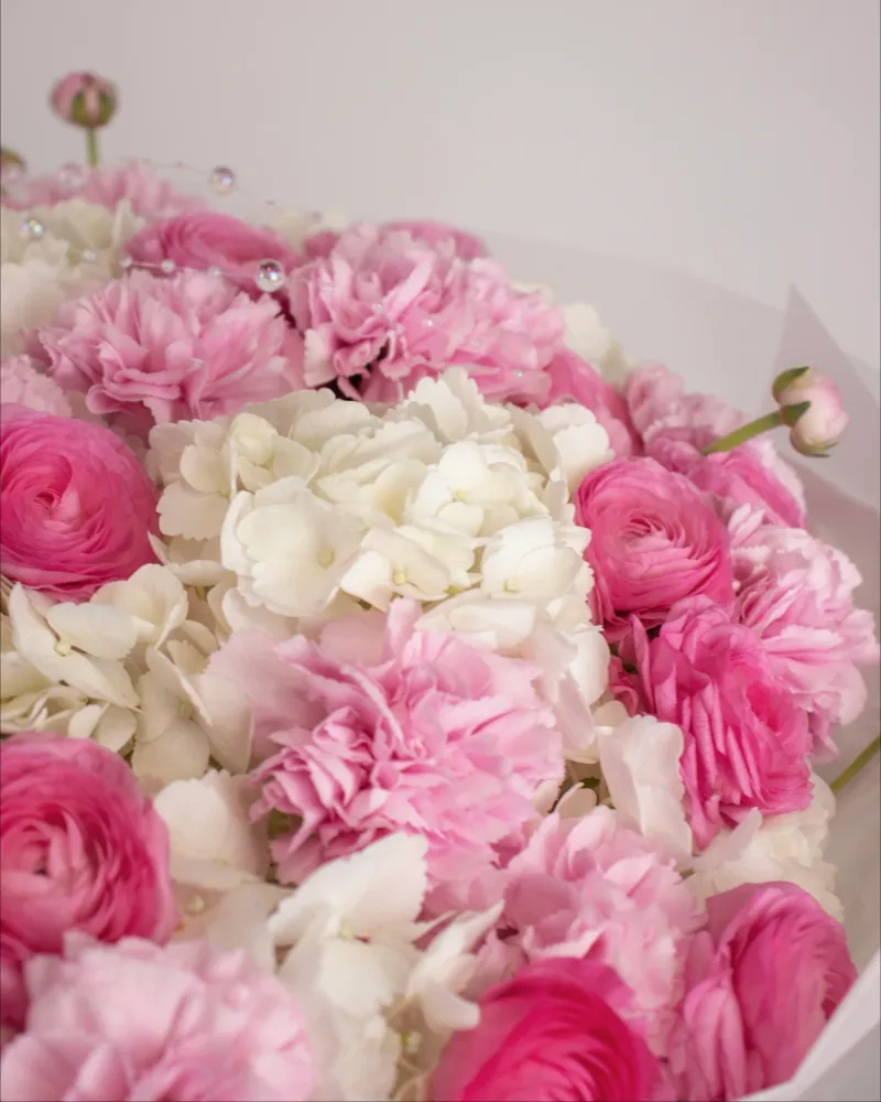 Close-up of blush pink, magenta and white ranunculus and carnation blooms — Floritta