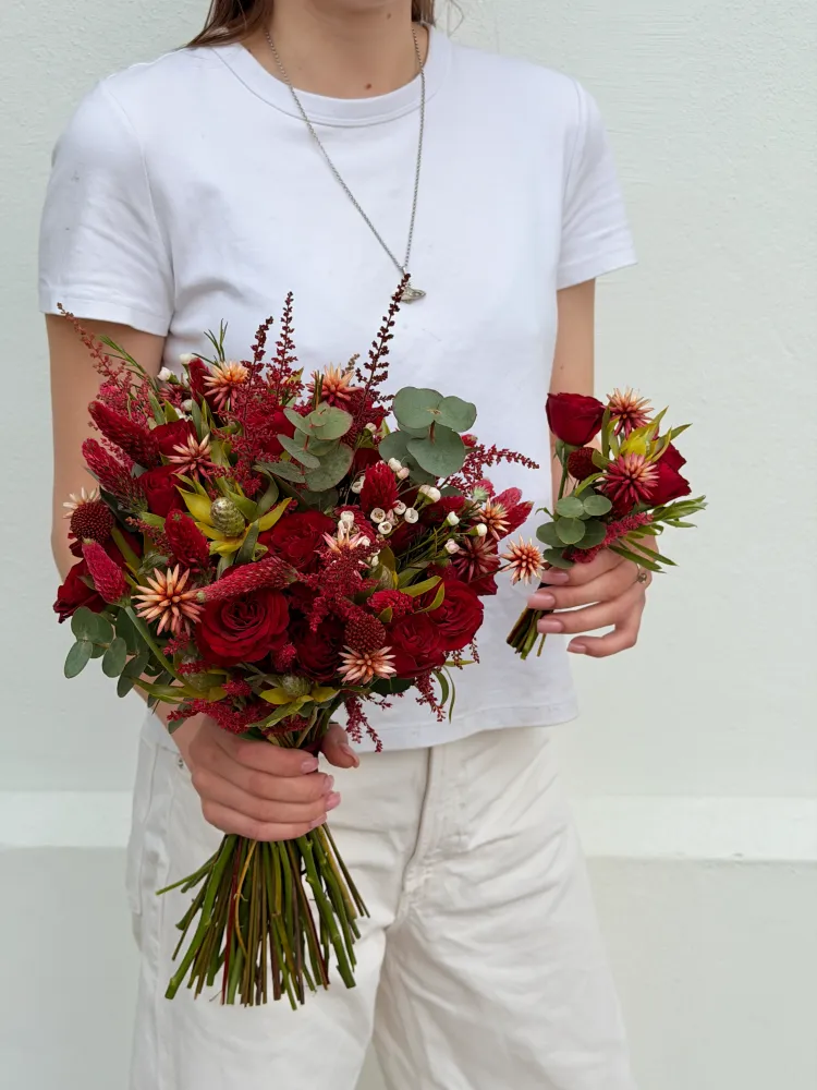 Luxe red rose and dahlia hand-tied bouquet with astilbe and eucalyptus — Floritta