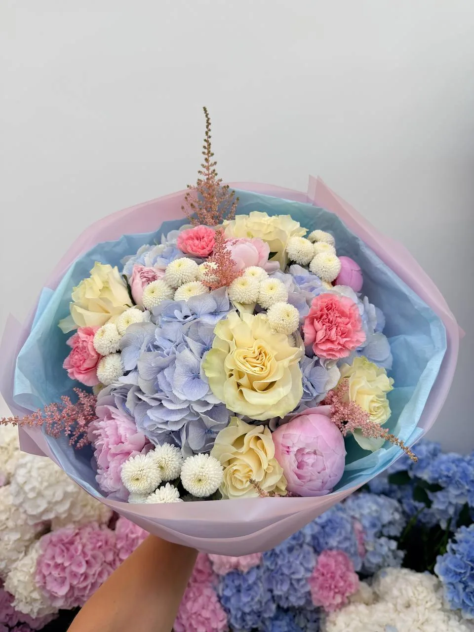 Soft sky serenade (hydrangea, rose, ranunculus, carnation, chrysanthemum, astilbe)