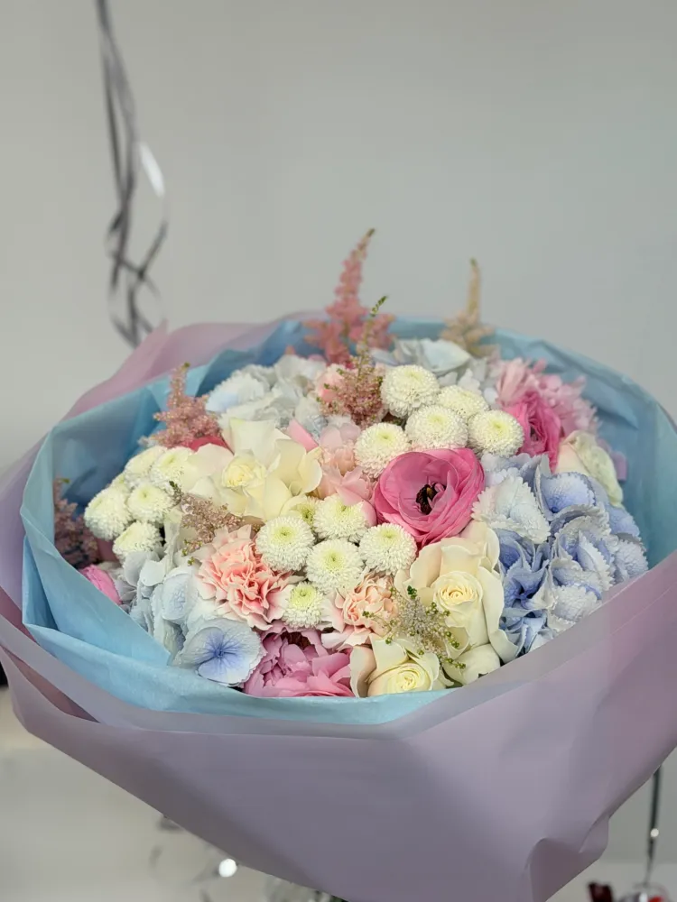 Soft sky serenade (hydrangea, rose, ranunculus, carnation, chrysanthemum, astilbe)