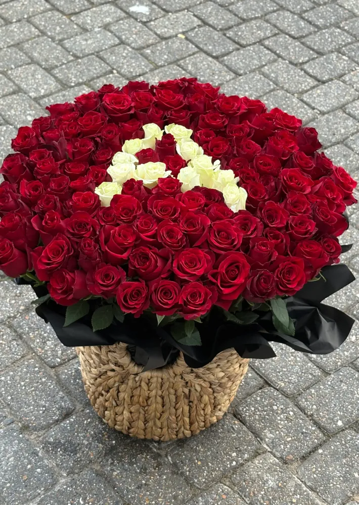 Full luxury rose dome with cream initial design in natural basket — Floritta