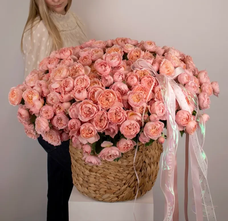 Amour in petals peony spray roses basket