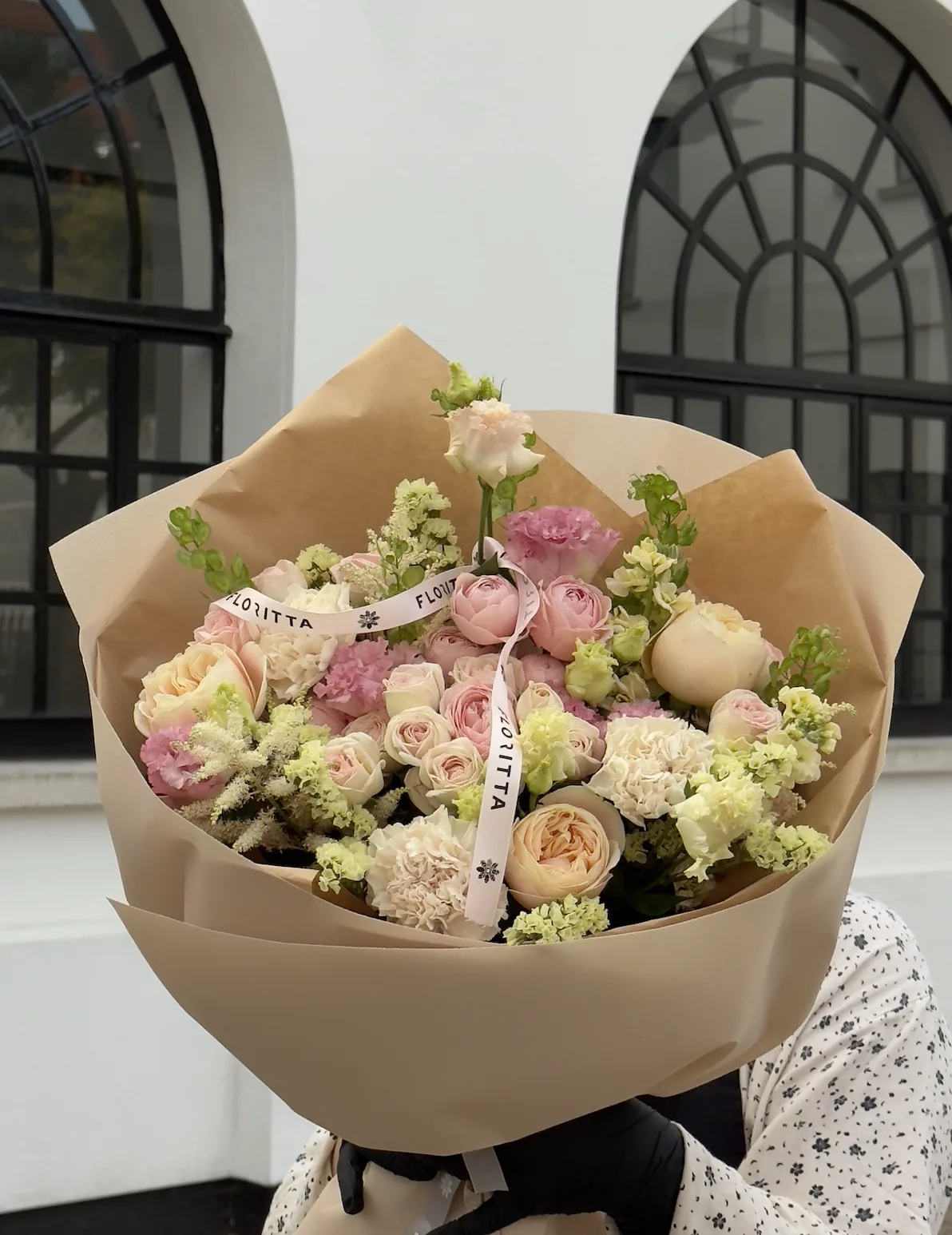 Peach garden posy (spray roses, peony roses & lisianthus)
