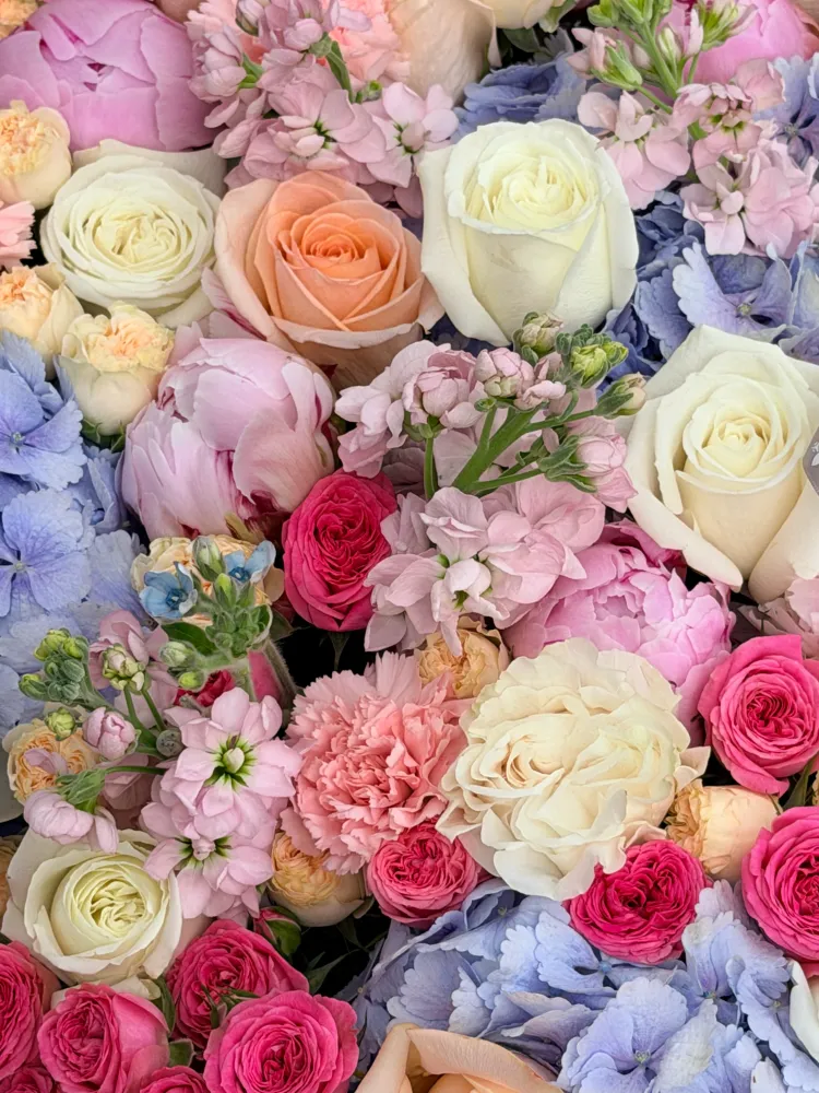 Bright chelsea celebration (hydrangeas, roses, garden roses & matthiolas)