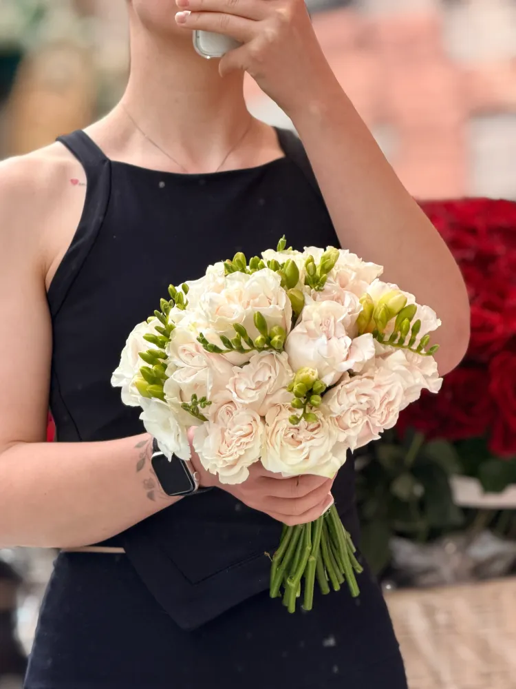 Blush garden roses with chartreuse hypericum berries, Floritta hand-tied bouquet