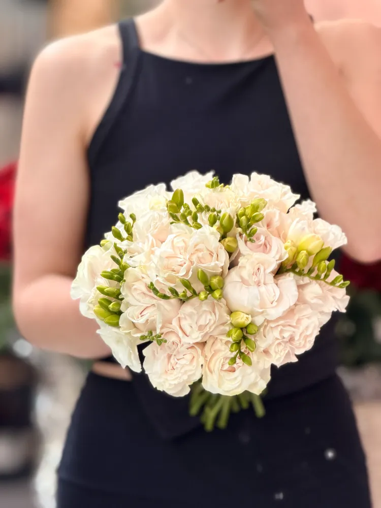 Cream and blush roses with green hypericum sprigs, Floritta bouquet