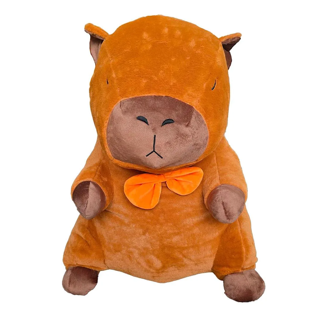 Cuddly capybara plush with orange bow tie
