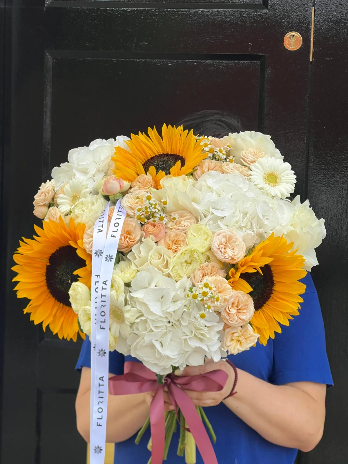 Sunflower & white hydrangea bouquet (sunflowers, hydrangeas, garden roses)