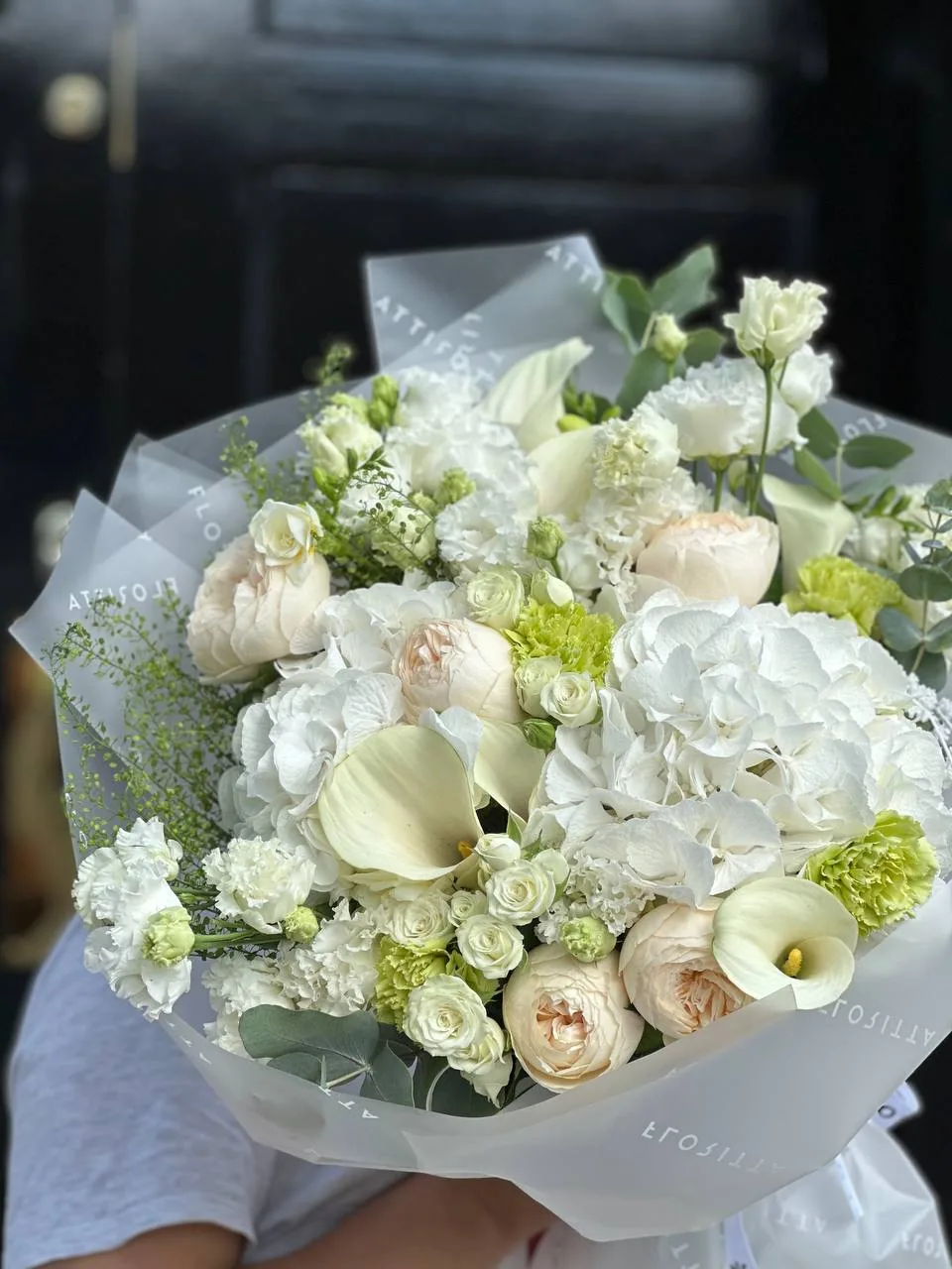 Ivory garden bouquet (hydrangeas, calla lilies, peony roses)