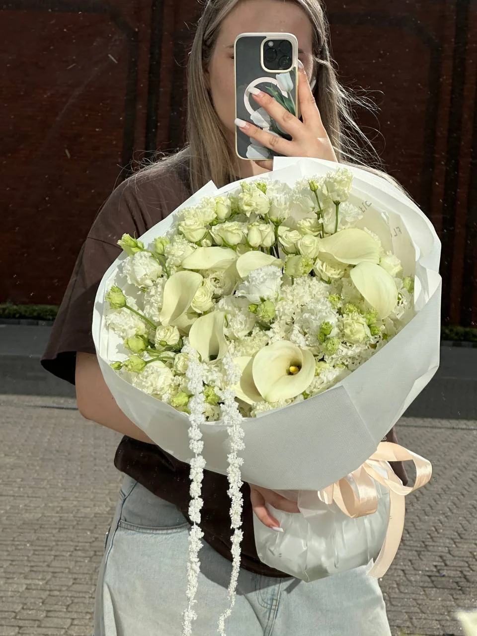 White calla & spray rose bouquet (callas, spray roses, stock, lisianthus)