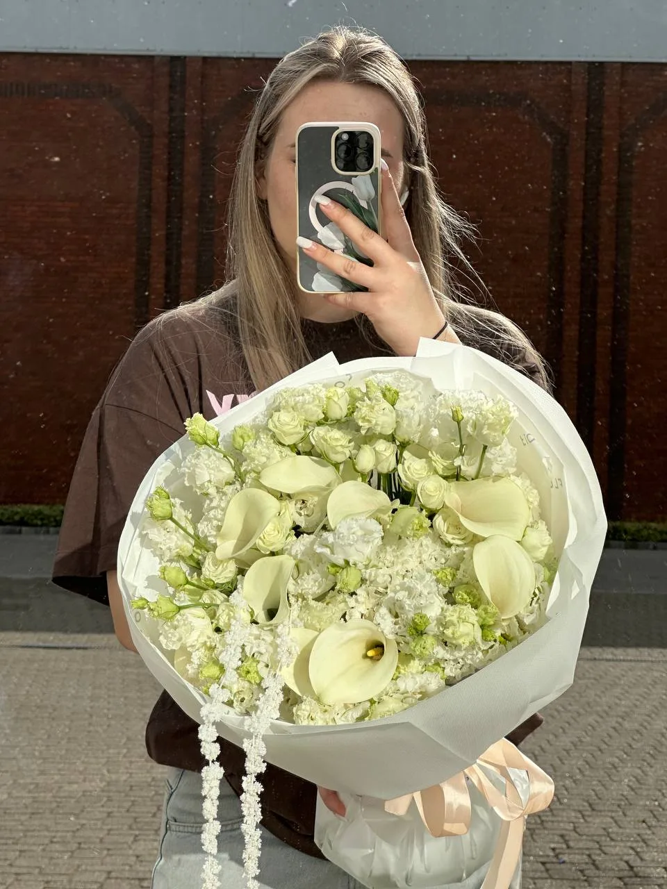 White calla & spray rose bouquet (callas, spray roses, stock, lisianthus)