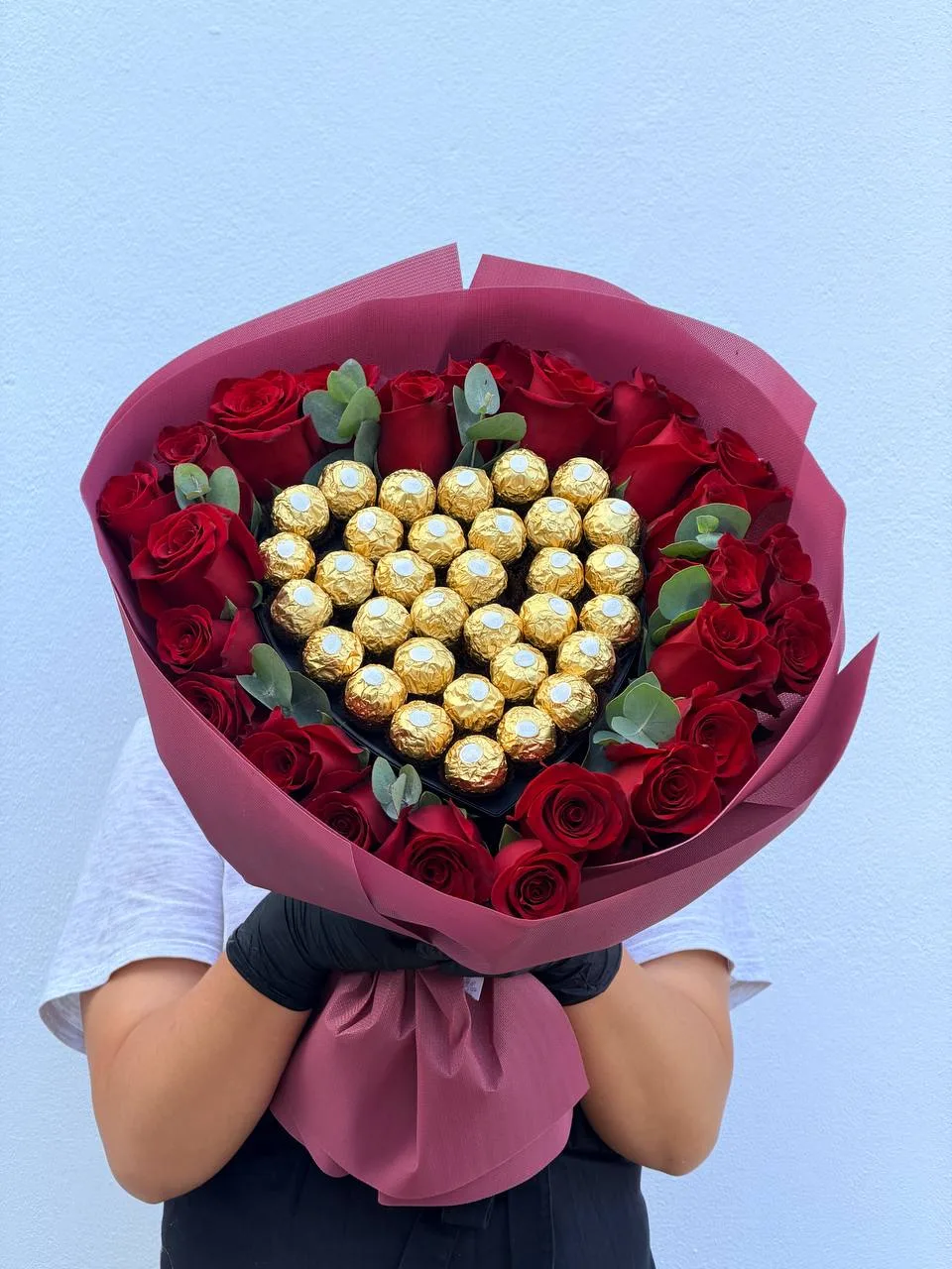 Red roses & Ferrero Rocher heart bouquet (roses, chocolates, eucalyptus)