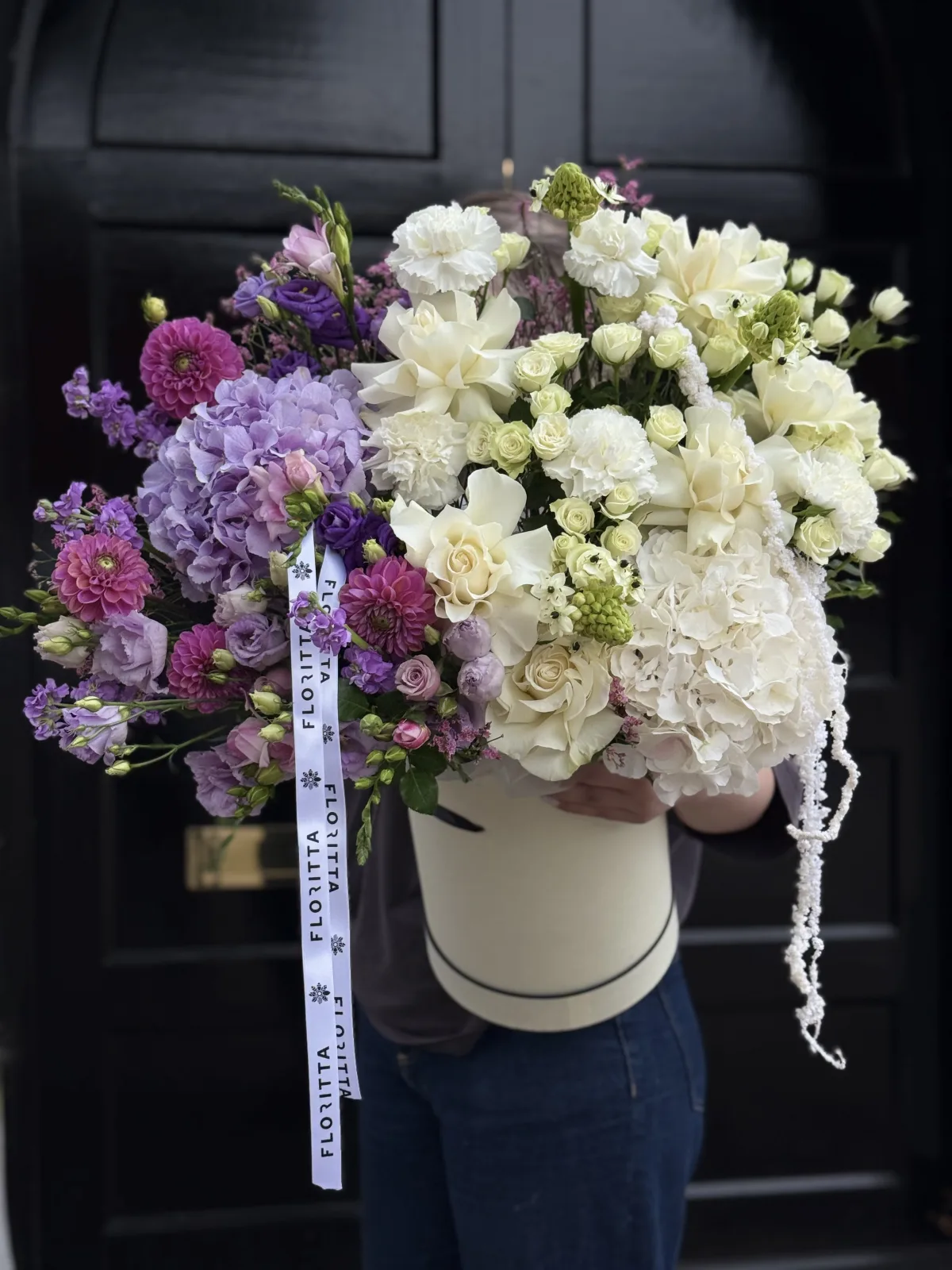 Elgin crescent flower box (lilac hydrangeas, roses, carnations, green chrysanthemums)