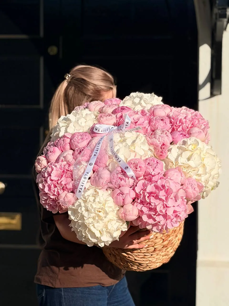 Bloomsbury pinky basket (peonies, hydrangeas)
