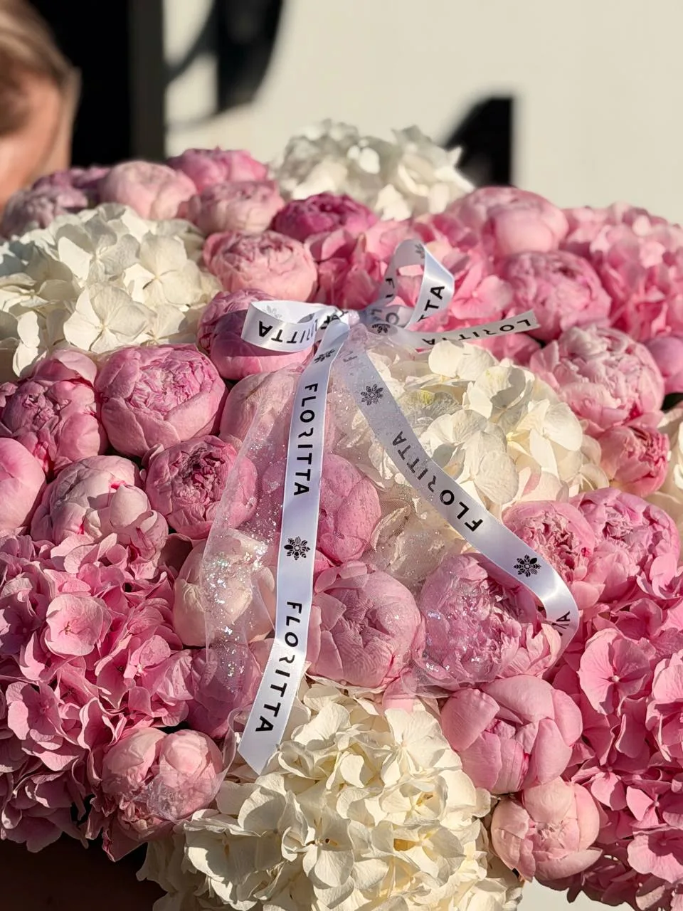 Bloomsbury pinky basket (peonies, hydrangeas)