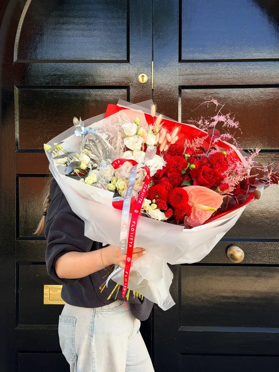 Soho nights bouquet (red roses, anthurium, dried grasses, white spray roses)
