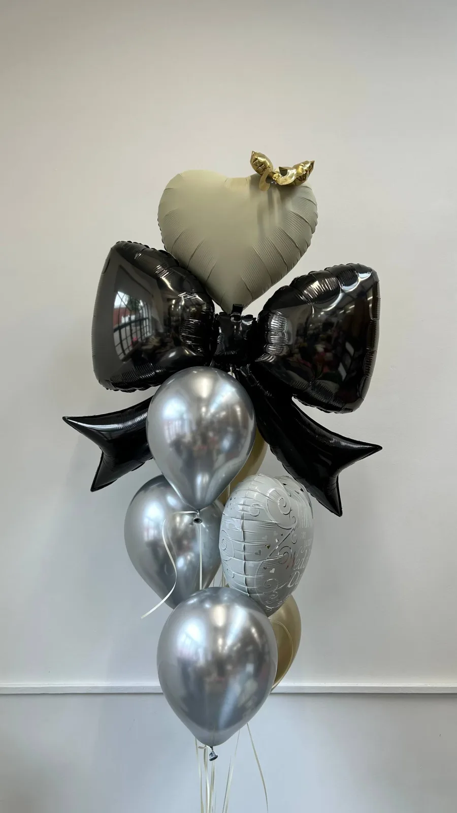 Ivory heart & black bow wedding balloon set (helium inflated)