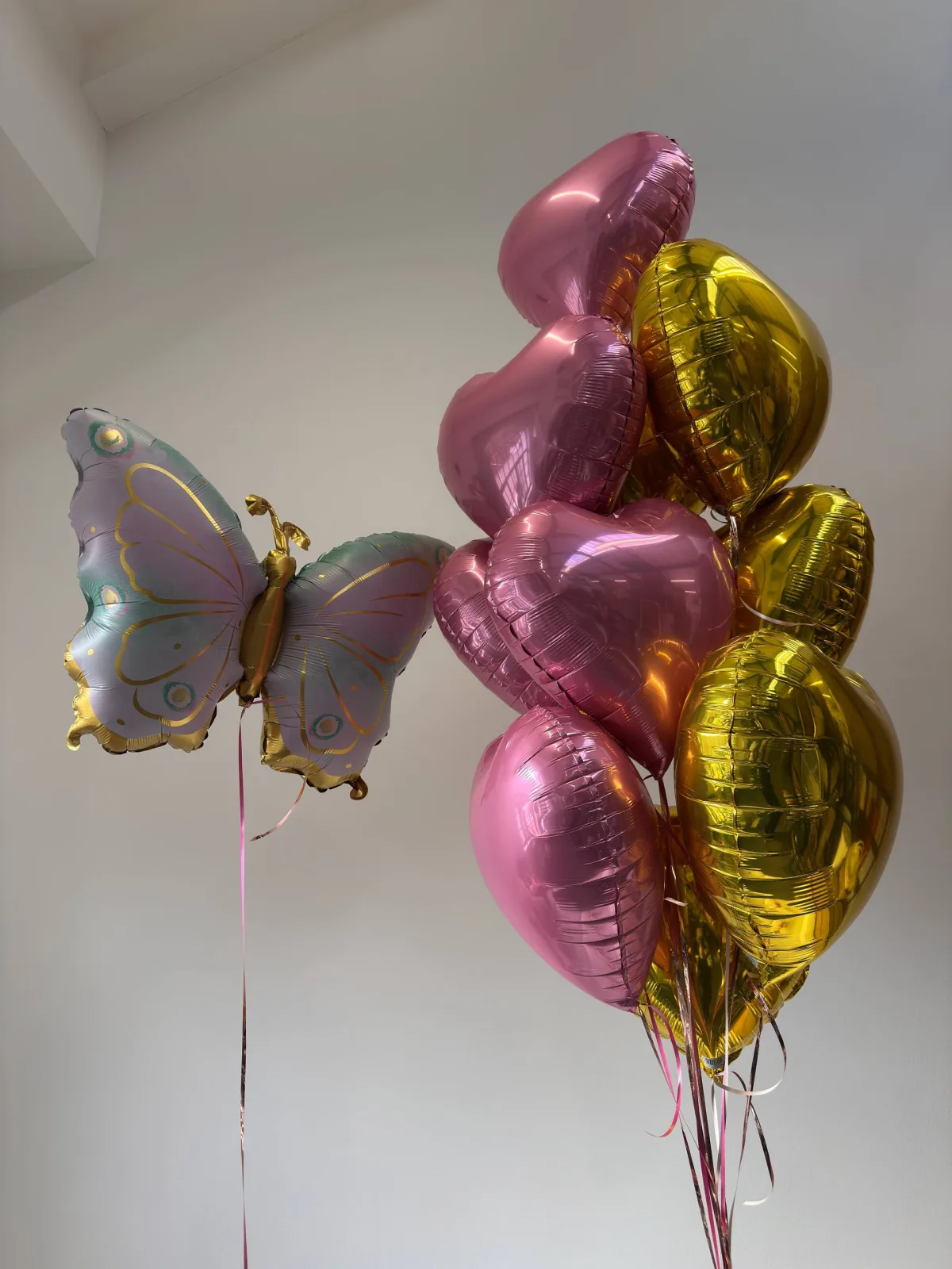Butterfly, pink hearts & gold foil balloon set (helium inflated)