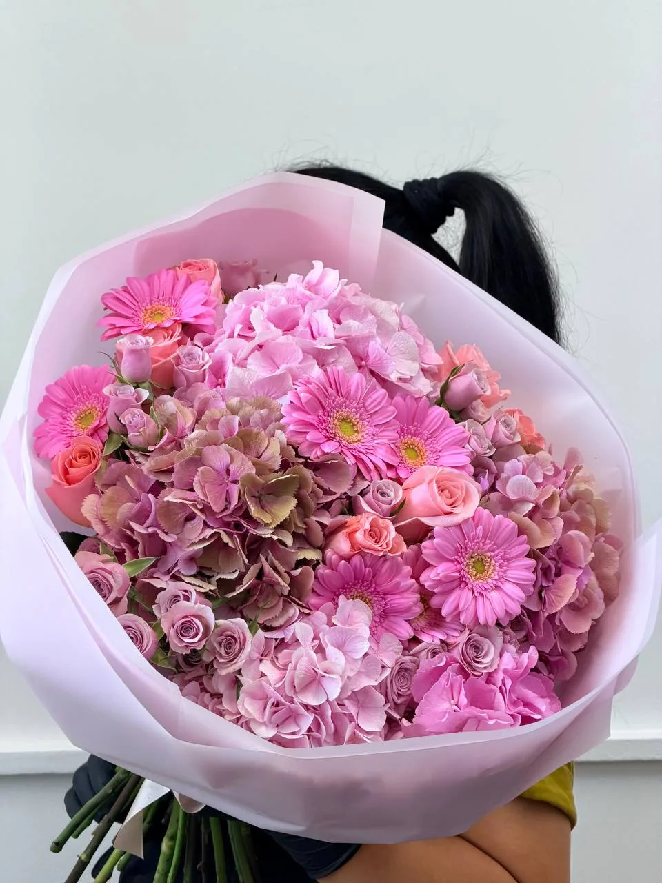 Blush gerbera & antique hydrangea dome bouquet