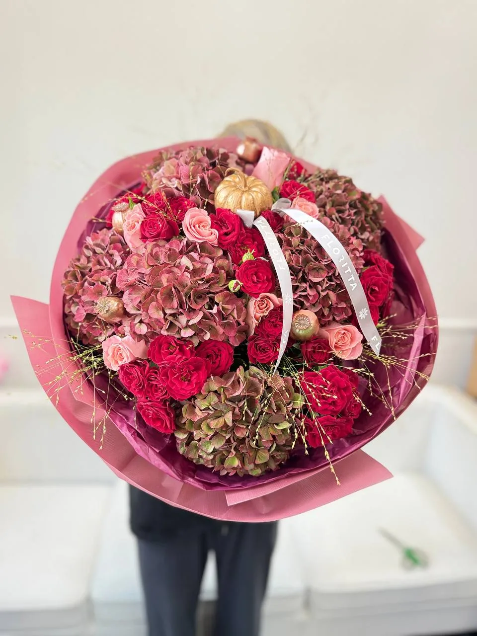 Autumn rouge bouquet (hydrangeas, red spray roses, pumpkin accent)