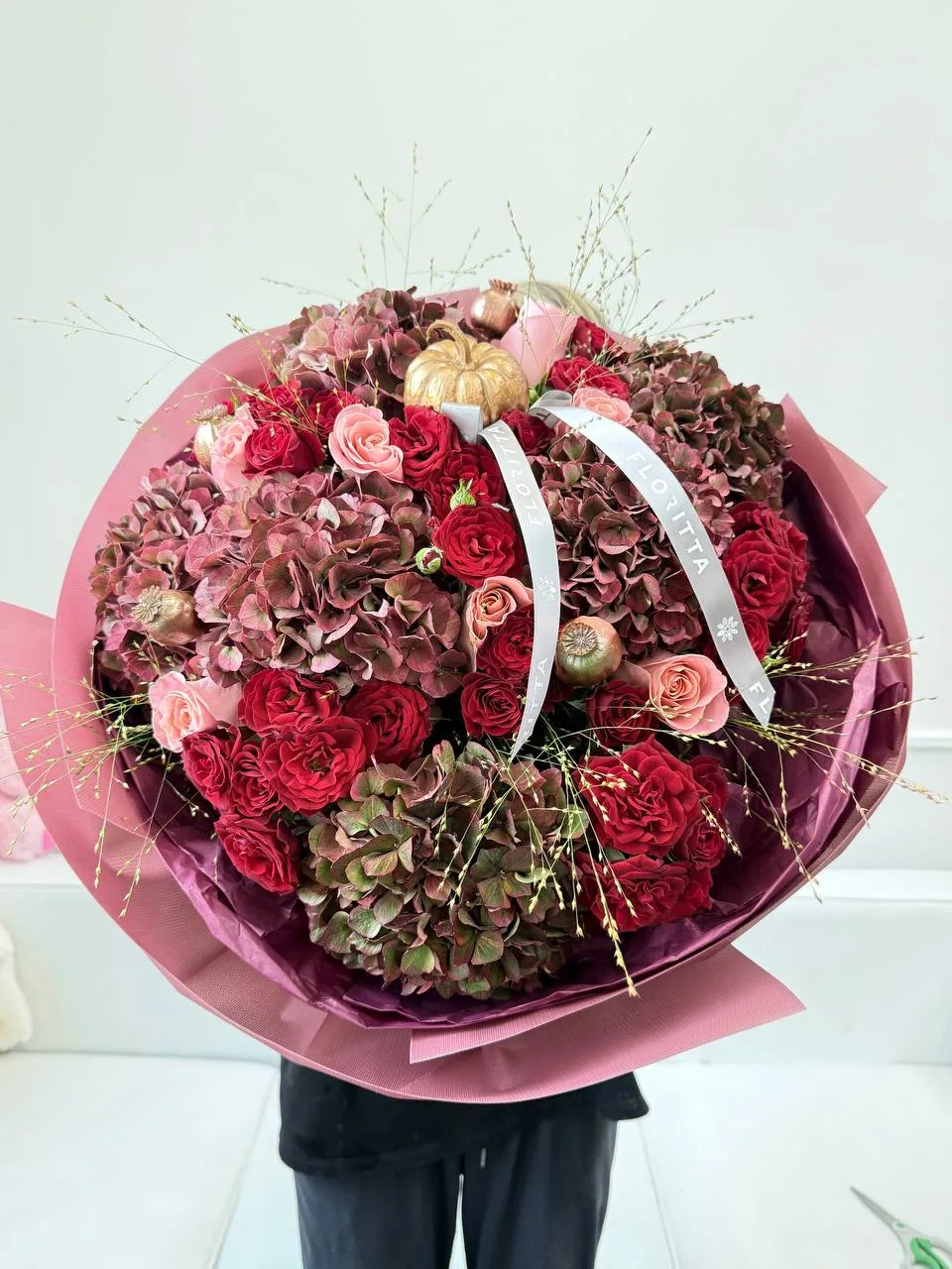 Autumn rouge bouquet (hydrangeas, red spray roses, pumpkin accent)
