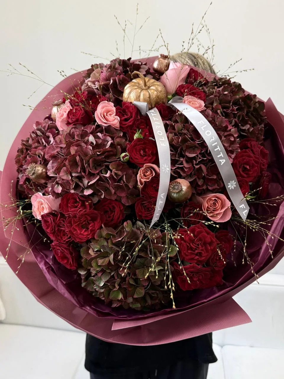 Autumn rouge bouquet (hydrangeas, red spray roses, pumpkin accent)