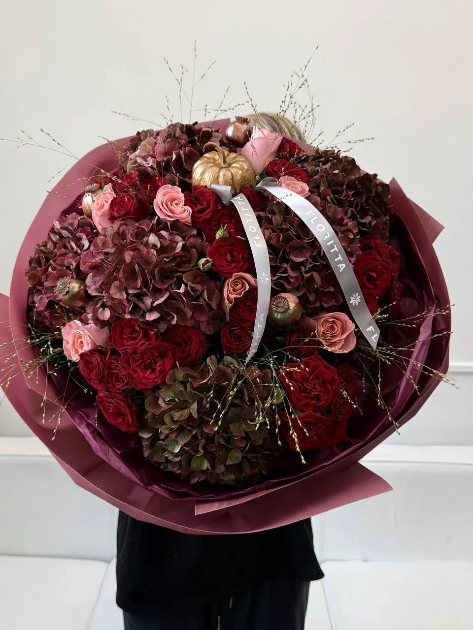 Autumn rouge bouquet (hydrangeas, red spray roses, pumpkin accent)