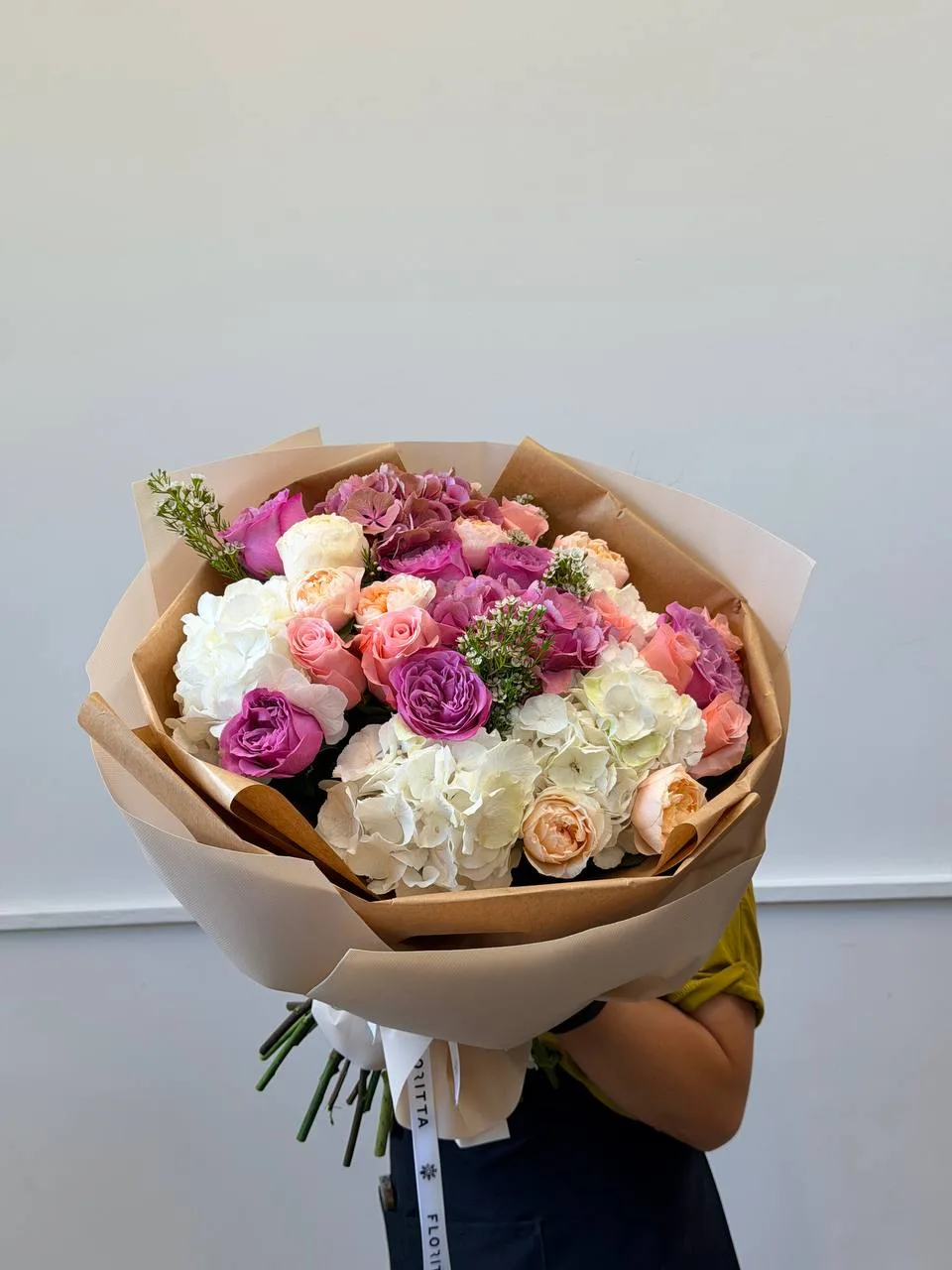 Purple garden rose & white hydrangea bouquet (garden roses, hydrangeas, peony roses, waxflower)