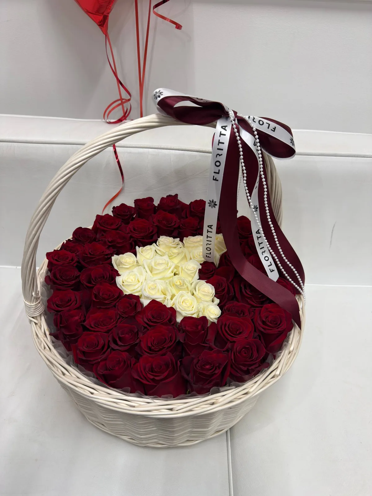 Red rose basket with white heart centre (65 roses)