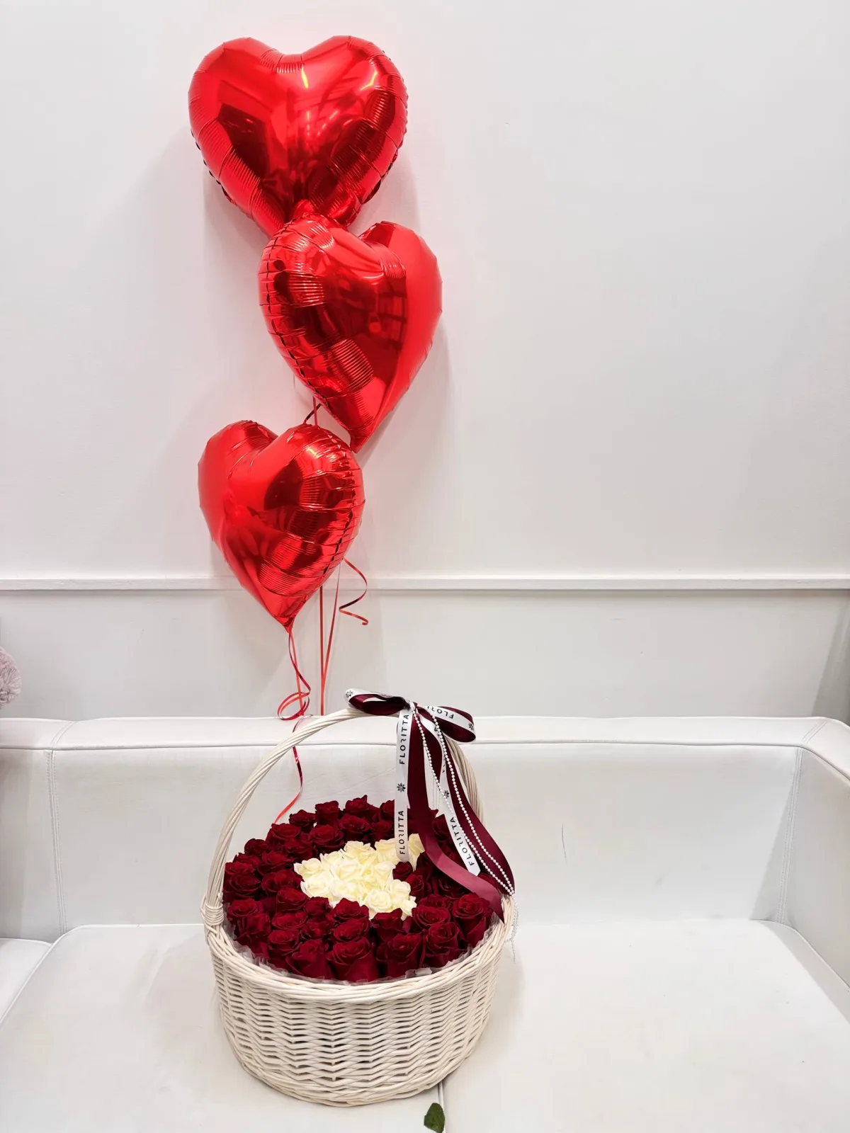 Red rose basket with white heart centre (65 roses)