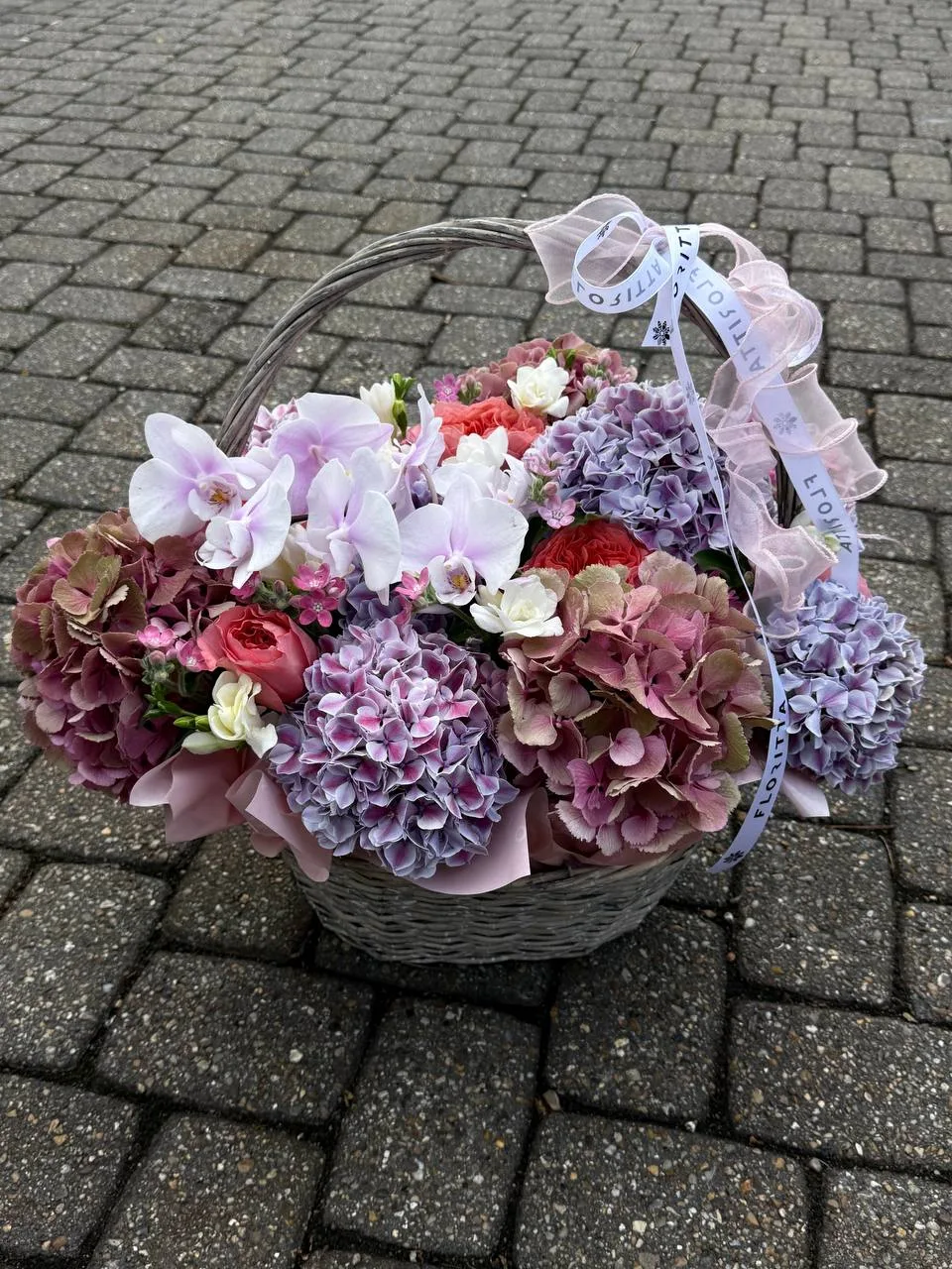 Lilac & mauve hydrangea basket (hydrangeas, orchids, peony roses)