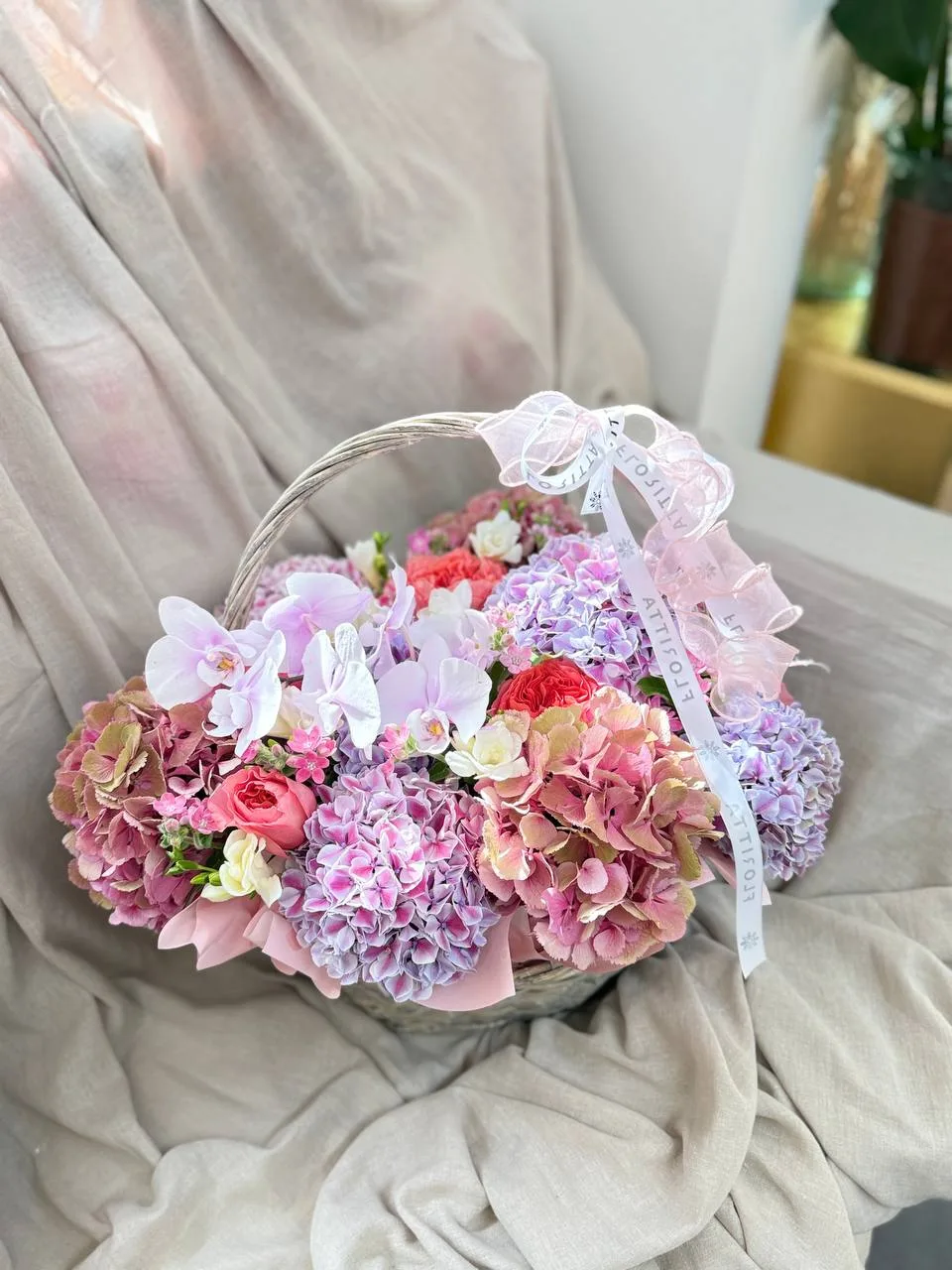 Lilac & mauve hydrangea basket (hydrangeas, orchids, peony roses)