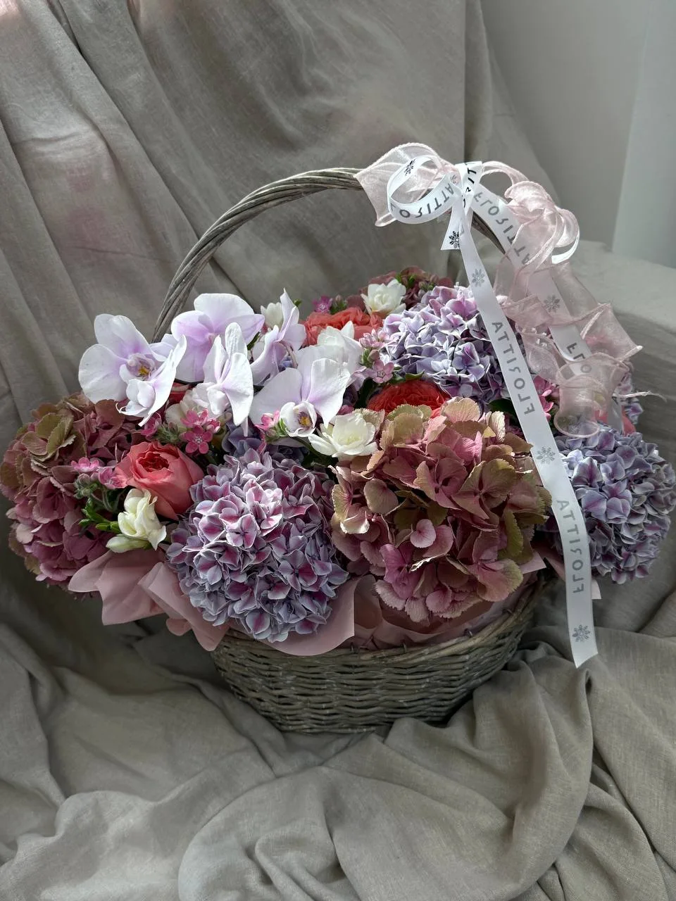 Lilac & mauve hydrangea basket (hydrangeas, orchids, peony roses)