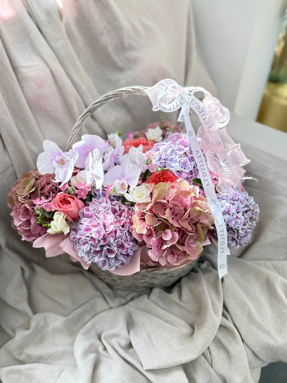 Lilac & mauve hydrangea basket (hydrangeas, orchids, peony roses)