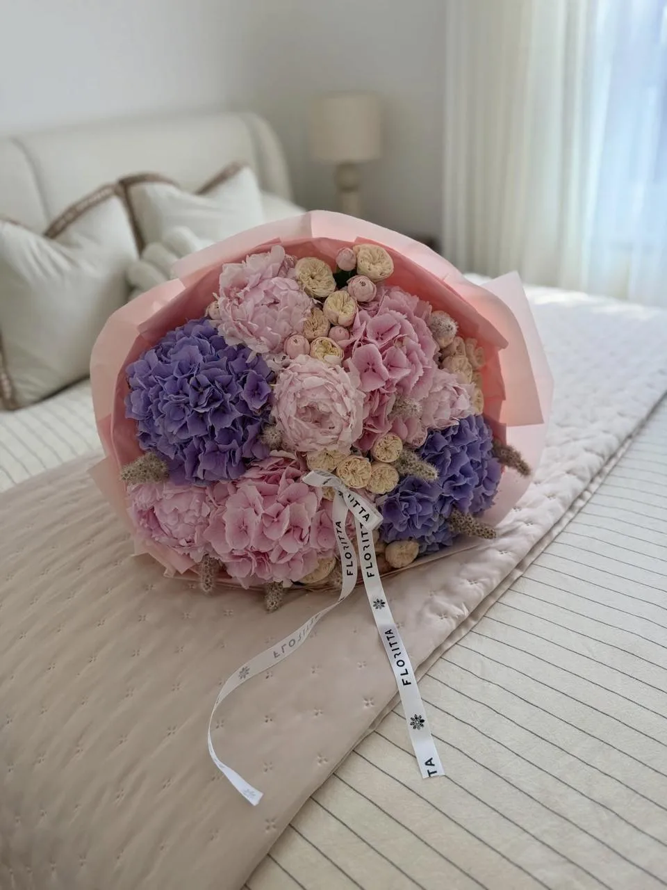 Lilac & blush hydrangea bouquet (hydrangeas, peony roses)