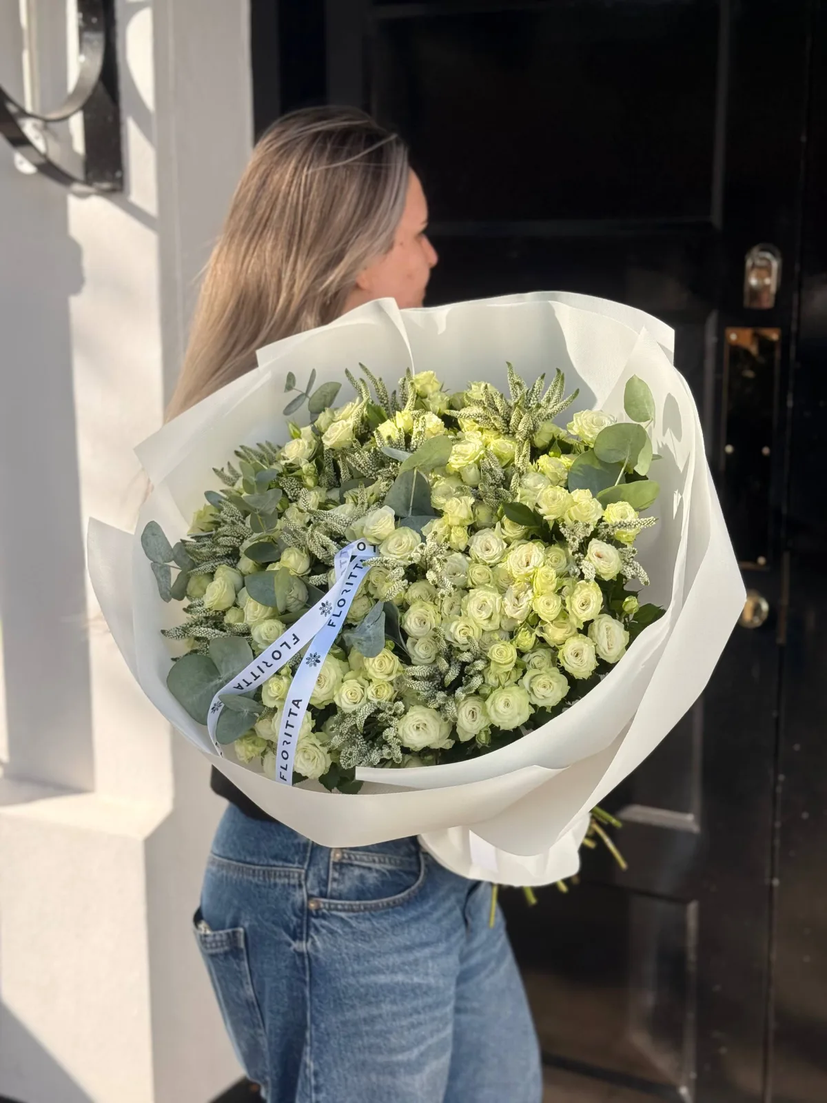 White spray rose bouquet with eucalyptus