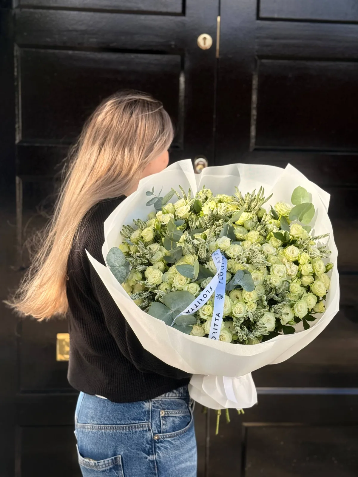White spray rose bouquet with eucalyptus