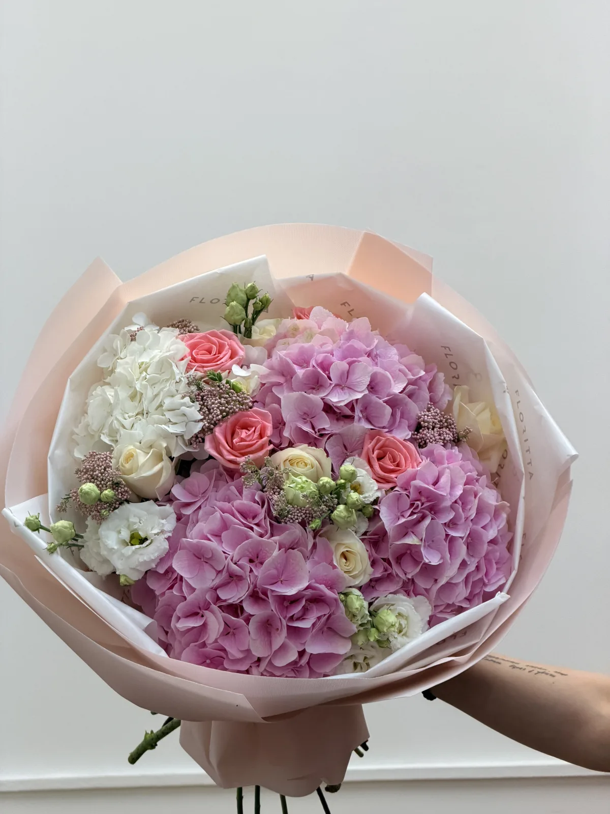 Orchid mist bouquet (hydrangeas, roses, lisianthus)