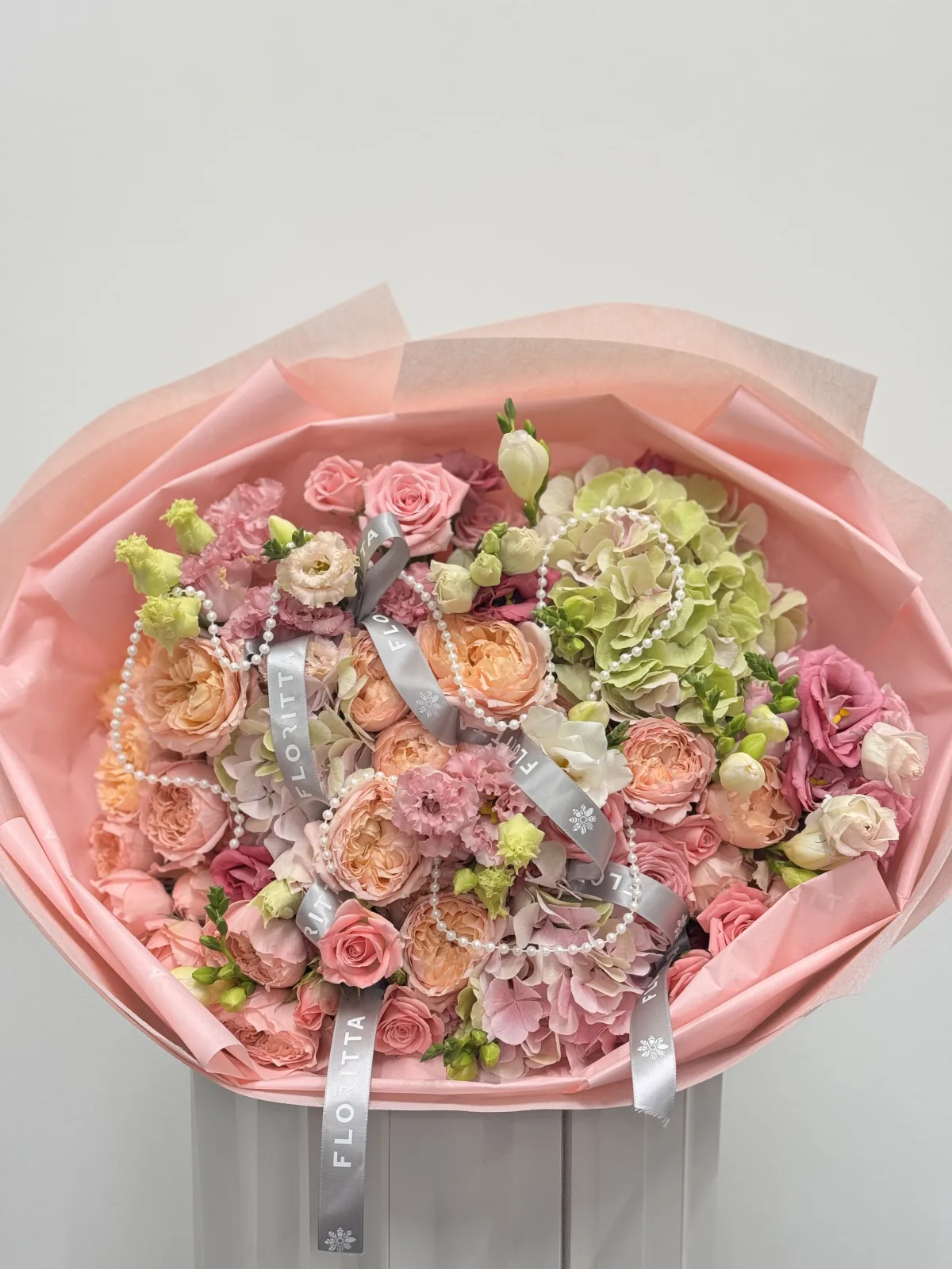 Peach & pearl garden bouquet (garden roses, hydrangeas, lisianthus)