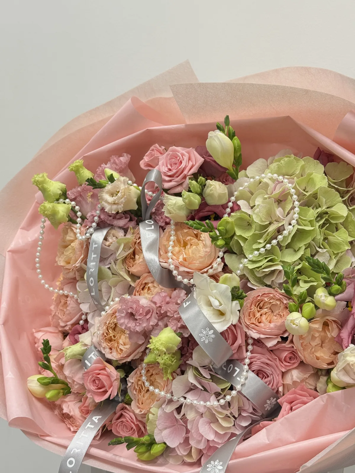 Peach & pearl garden bouquet (garden roses, hydrangeas, lisianthus)