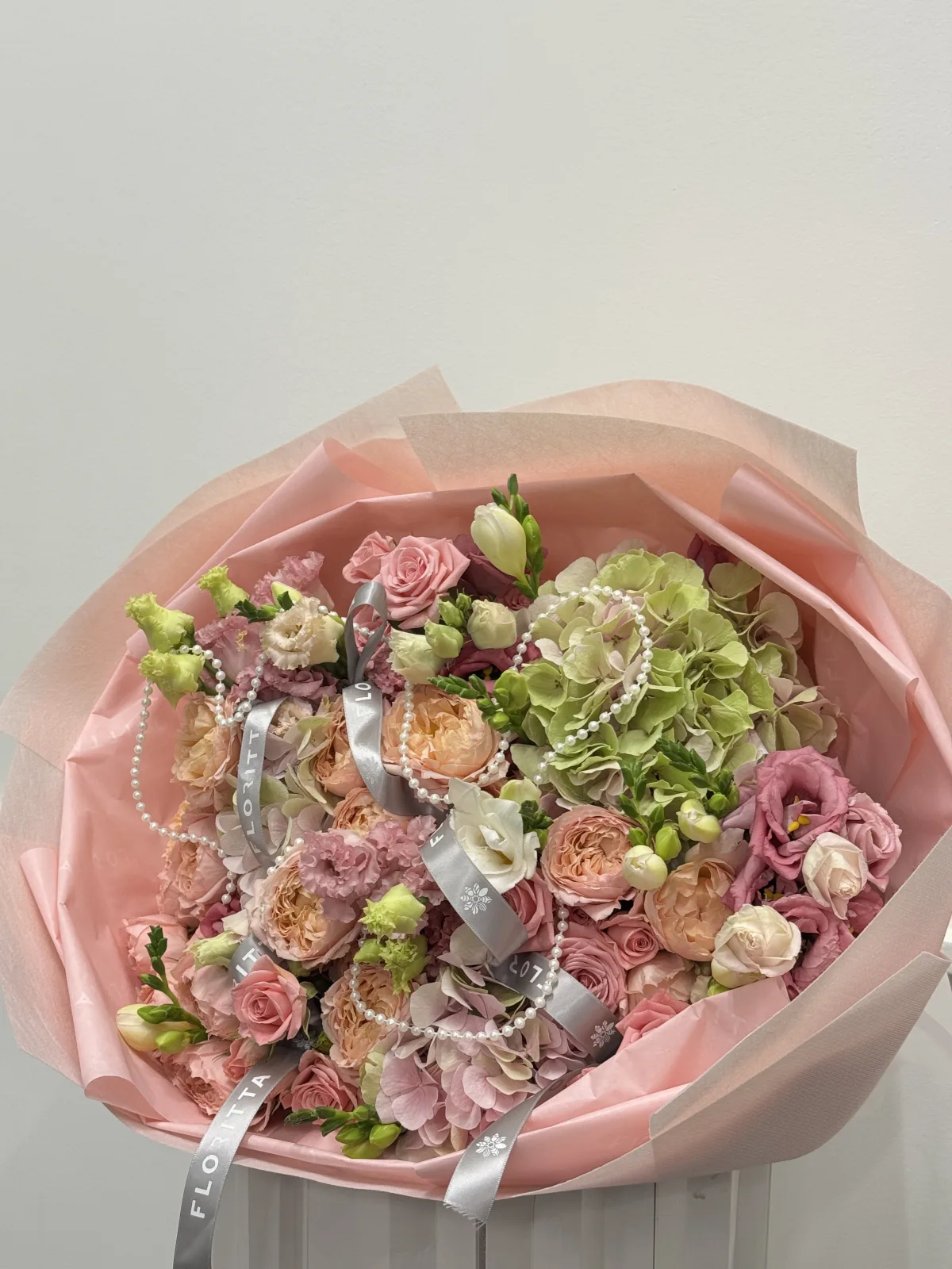 Peach & pearl garden bouquet (garden roses, hydrangeas, lisianthus)