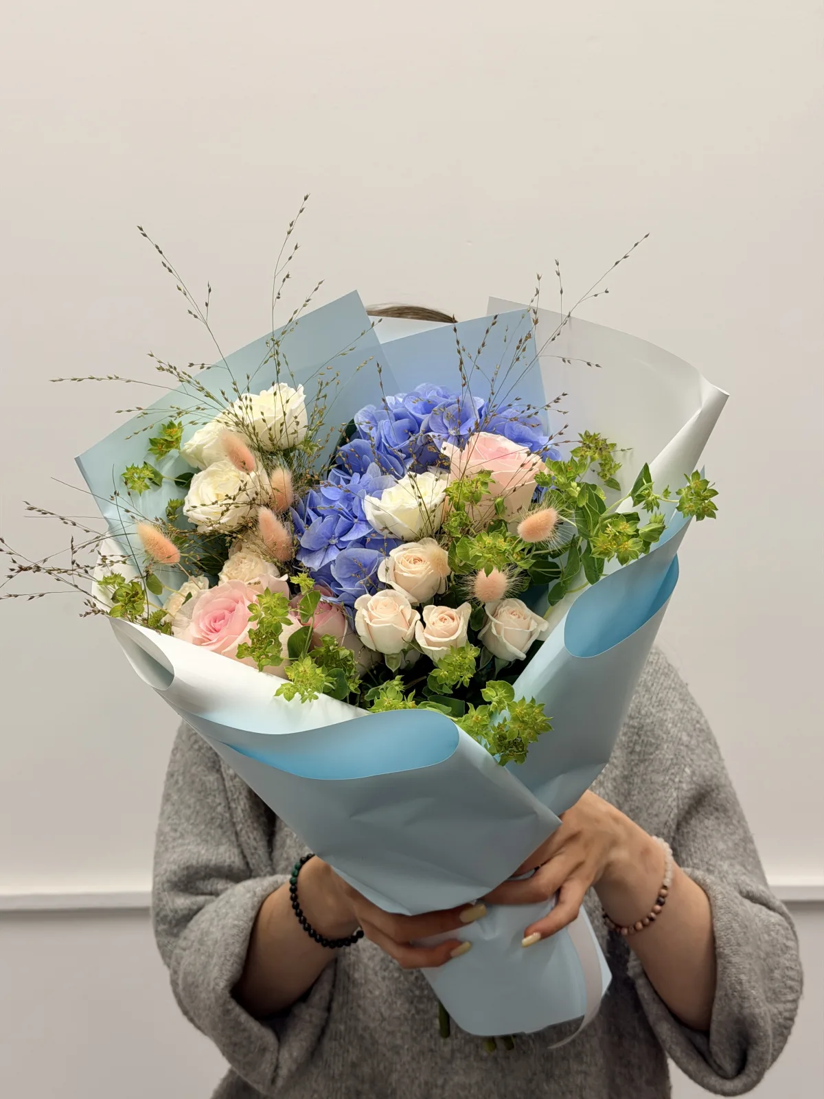 Cornflower cloud bouquet (hydrangeas, roses)
